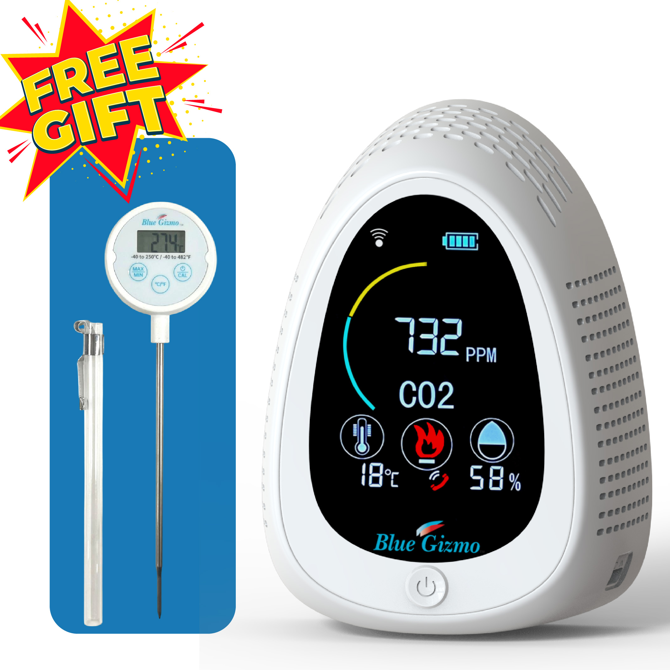 BG88-IAQ, BLUE GIZMO IAQ METER WITH CO2 & SMOKE DETECTOR